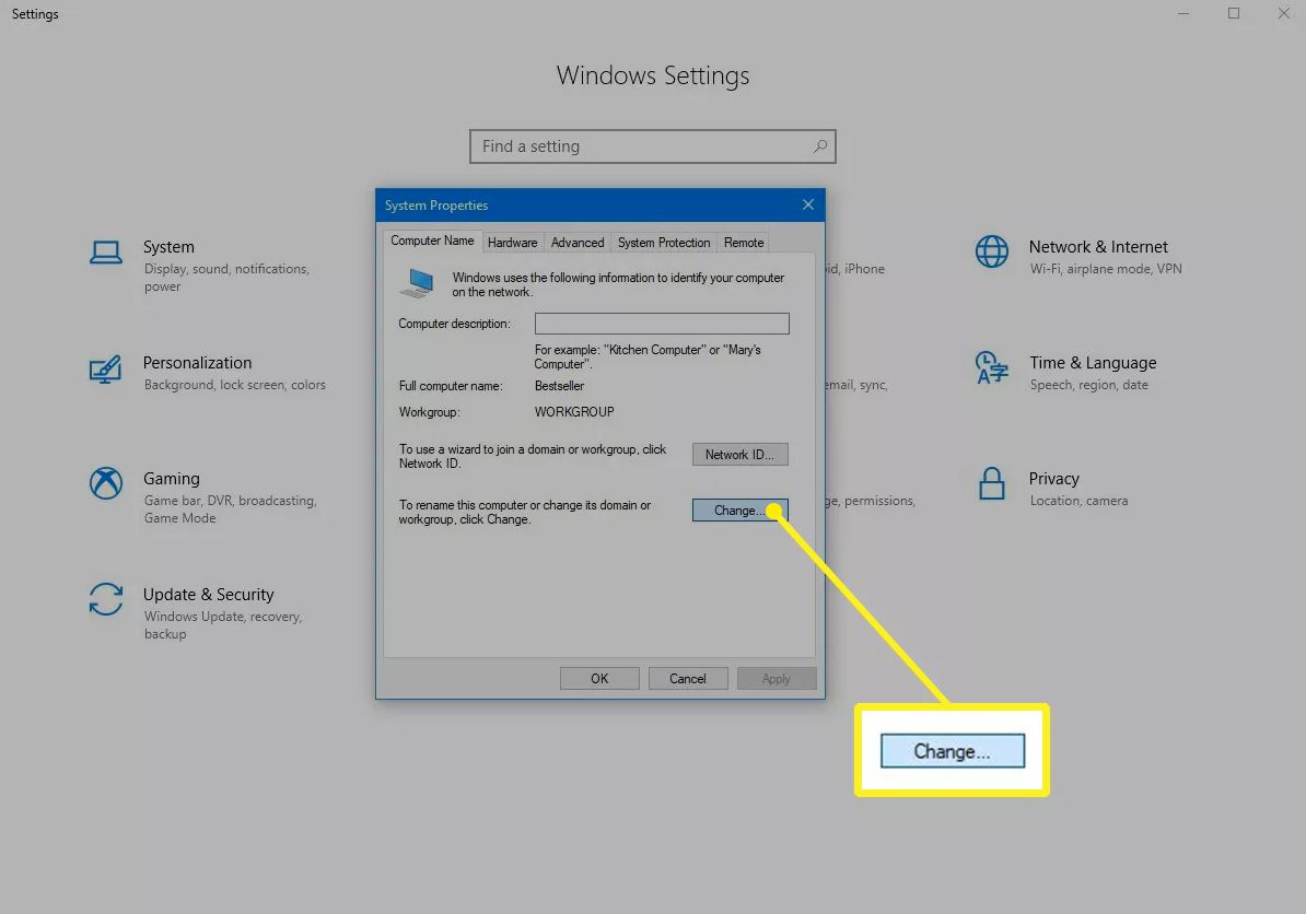 Tlačítko Změnit ve vlastnostech systému Windows 10