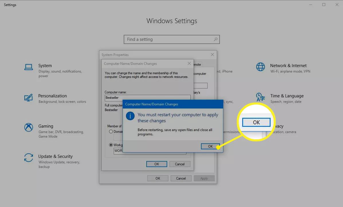 V systému Windows 10 restartujte tlačítko OK