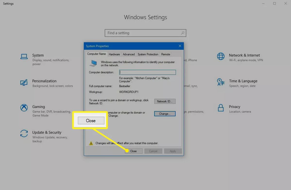 Tlačítko Zavřít v nastavení Windows 10