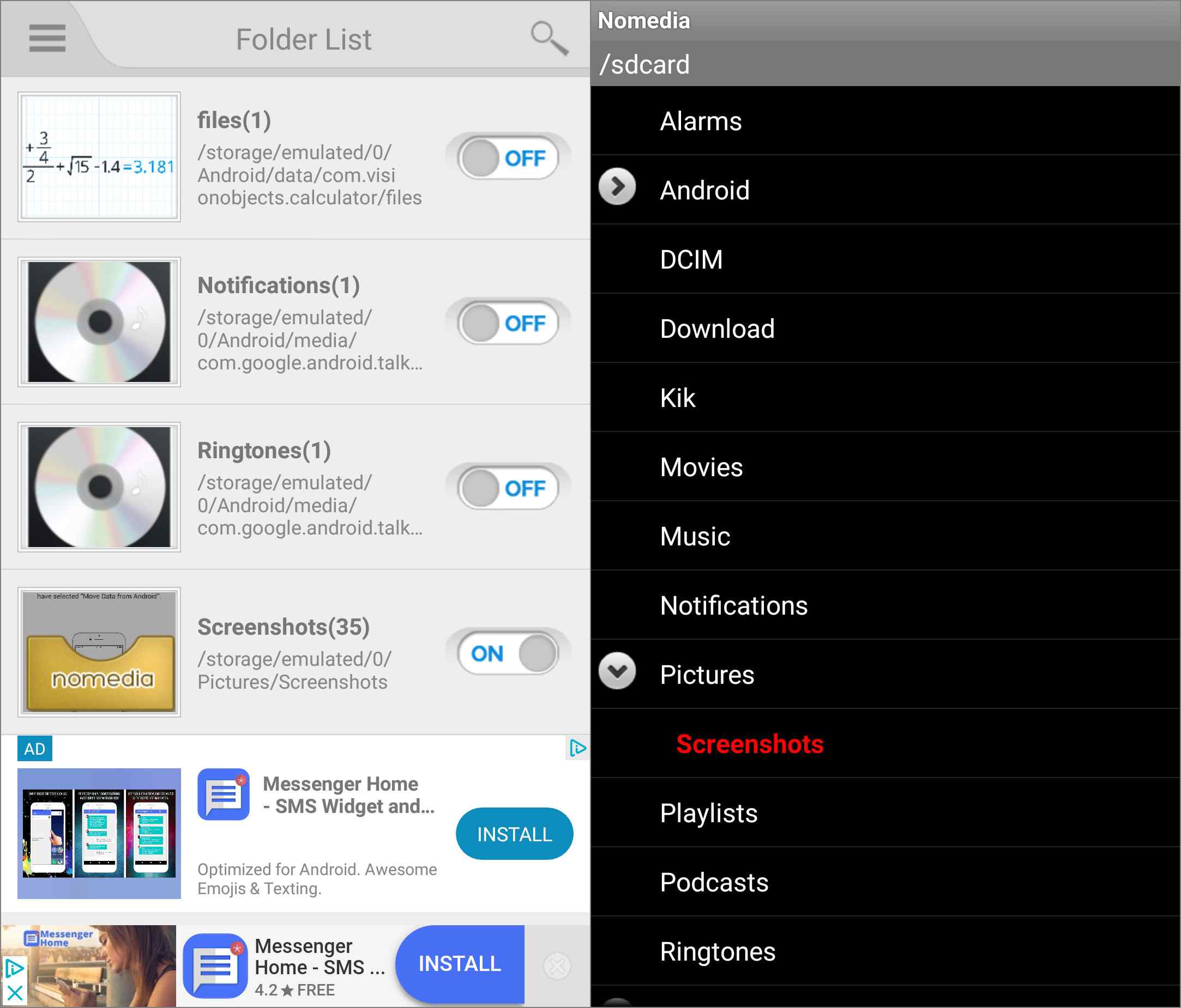Snímky obrazovky dvou aplikací pro správu souborů nomedia