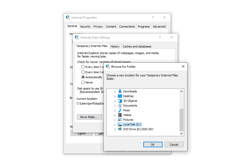 Ve vlastnostech Internetu pro Windows 10 vyhledejte okno Složka