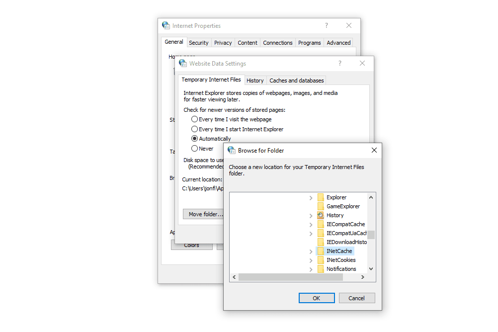 Složka dočasných internetových souborů aplikace Internet Explorer v systému Windows 10