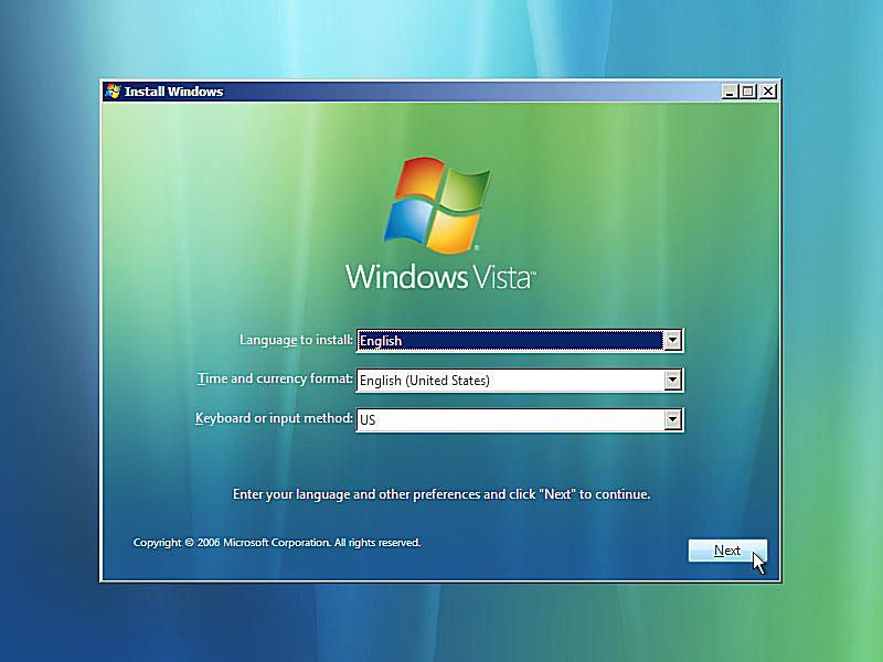 Snímek obrazovky opravy spuštění systému Windows Vista s žádostí o jazyk a další nastavení