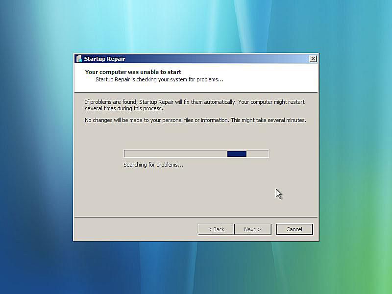 Snímek obrazovky s opravou spuštění systému Windows Vista při hledání problémů