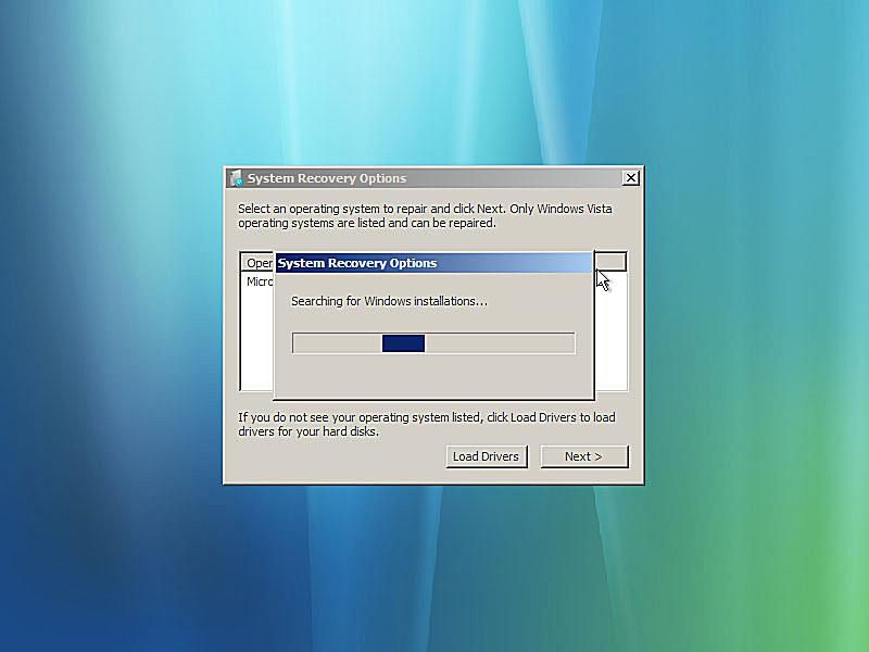 Snímek obrazovky s opravou spuštění systému Windows Vista, která vyhledá váš počítač