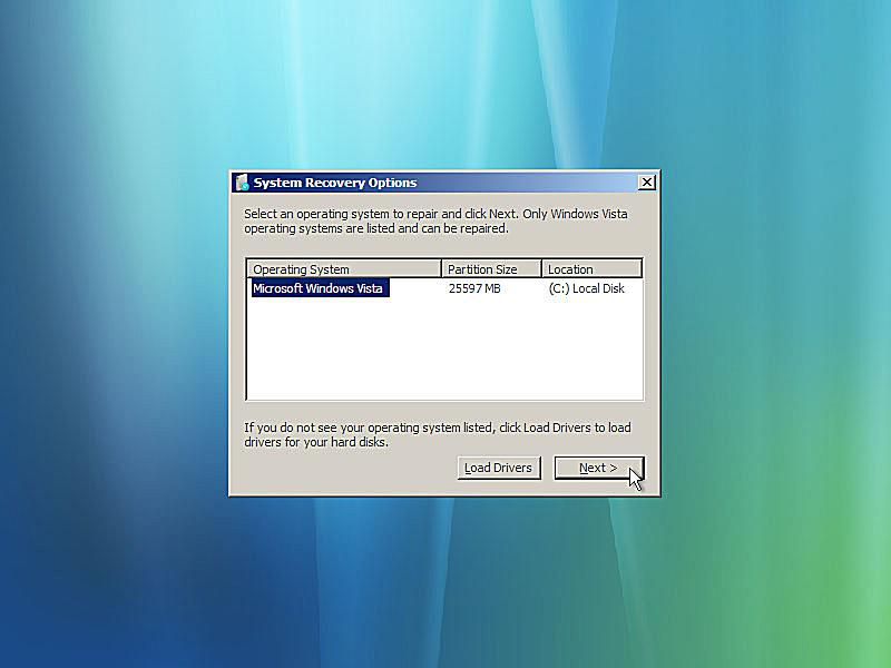 Snímek obrazovky s opravou spuštění systému Windows Vista s žádostí o instalaci systému Windows Vista