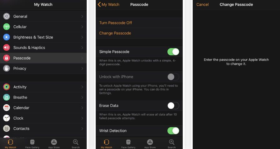 Dlouhý přístupový kód Apple Watch Lock Obrazovka aplikace pro iPhone