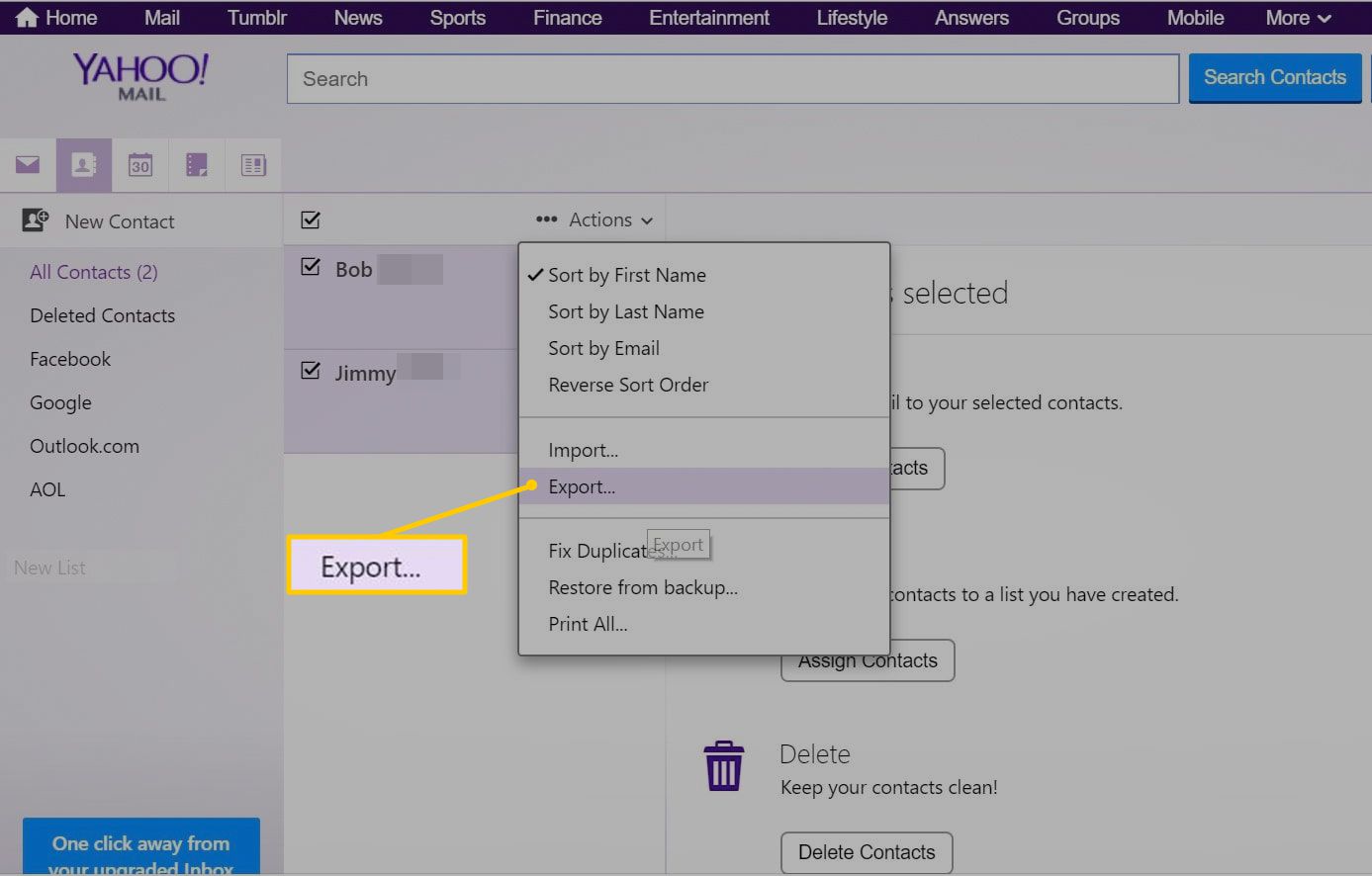 Exportujte položku nabídky v nabídce Yahoo Mail Actions