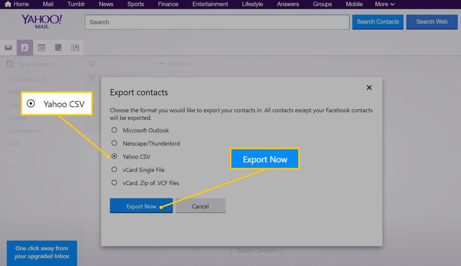 Yahoo CSV, tlačítka Export nyní v Yahoo Mail
