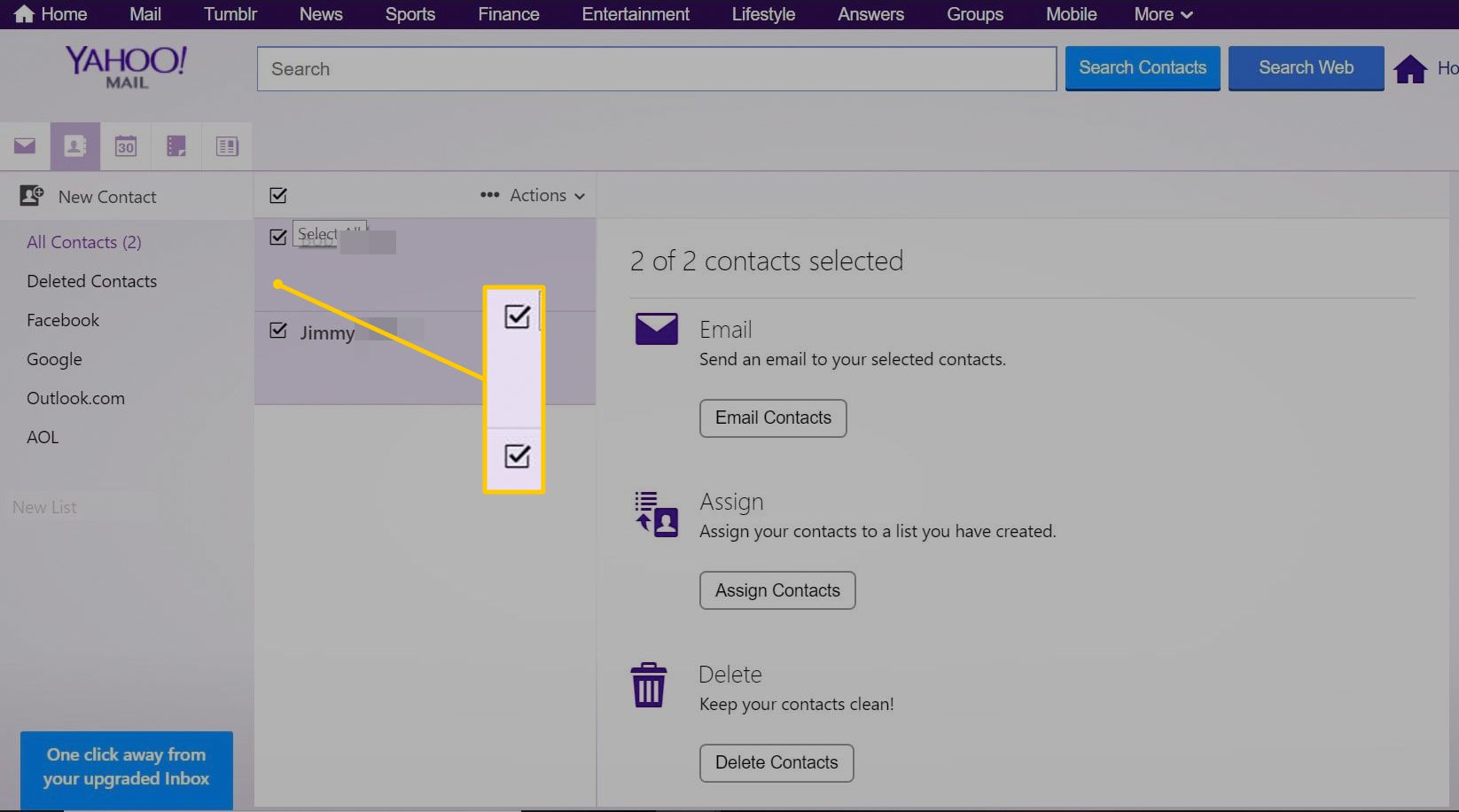 Zaškrtávací políčka pro výběr kontaktů v Yahoo Mail