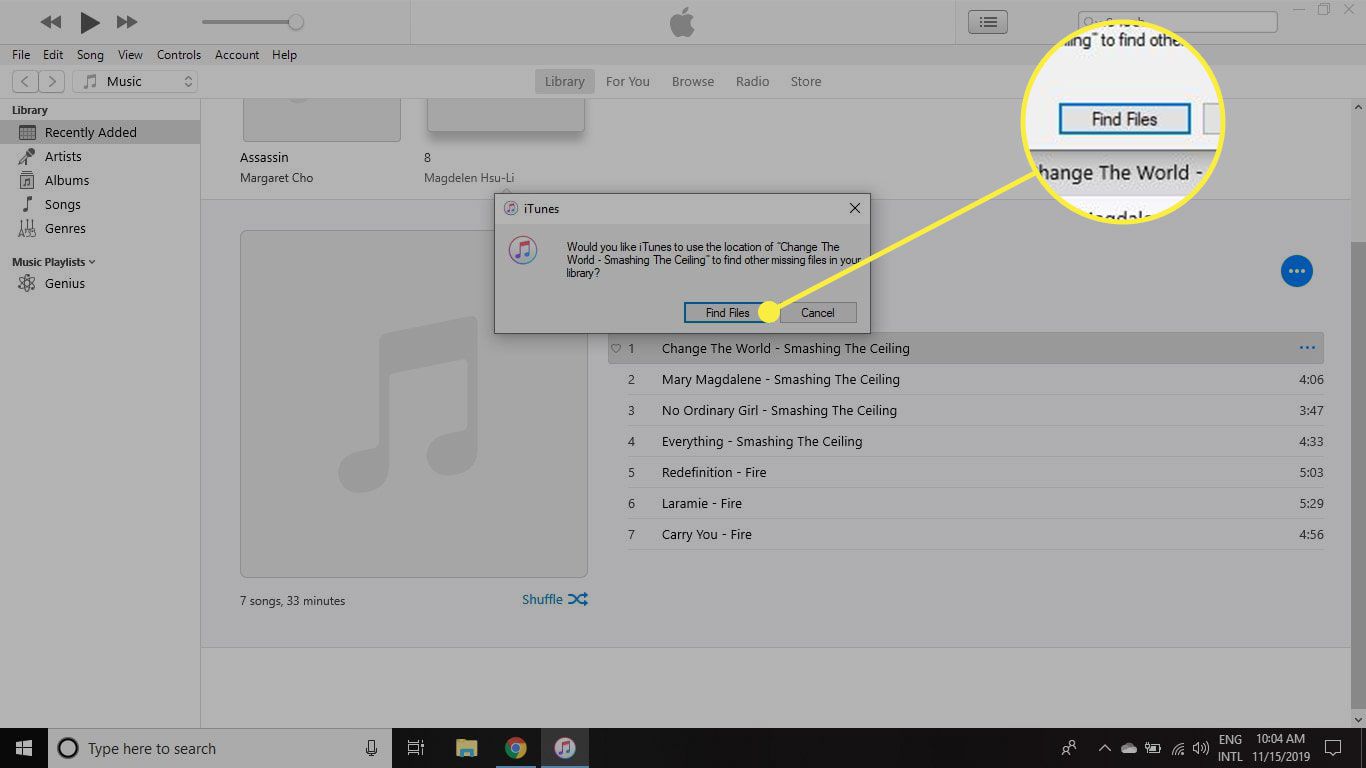 iTunes se zvýrazněným tlačítkem Najít soubory