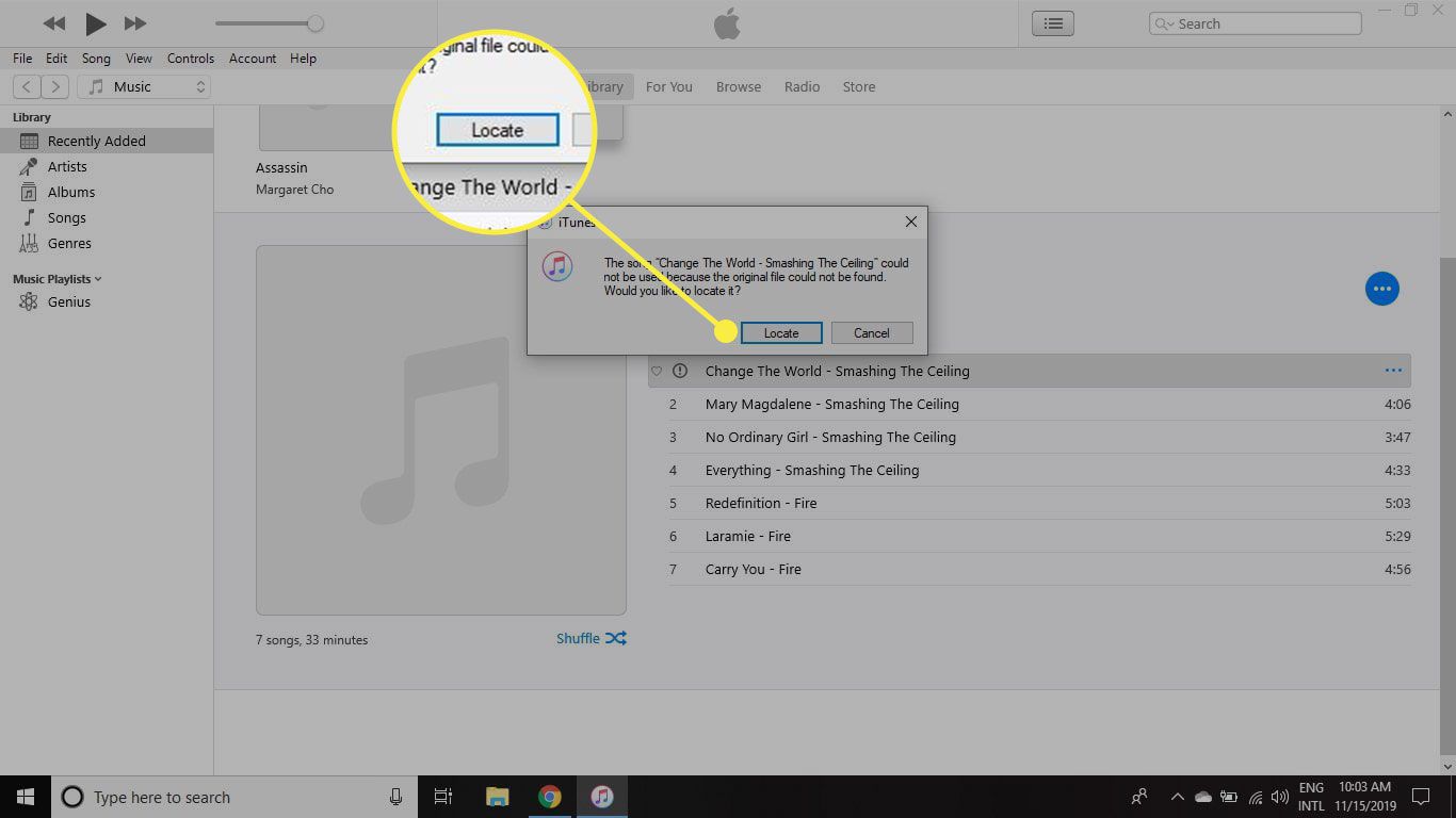 iTunes se zvýrazněným tlačítkem Vyhledat