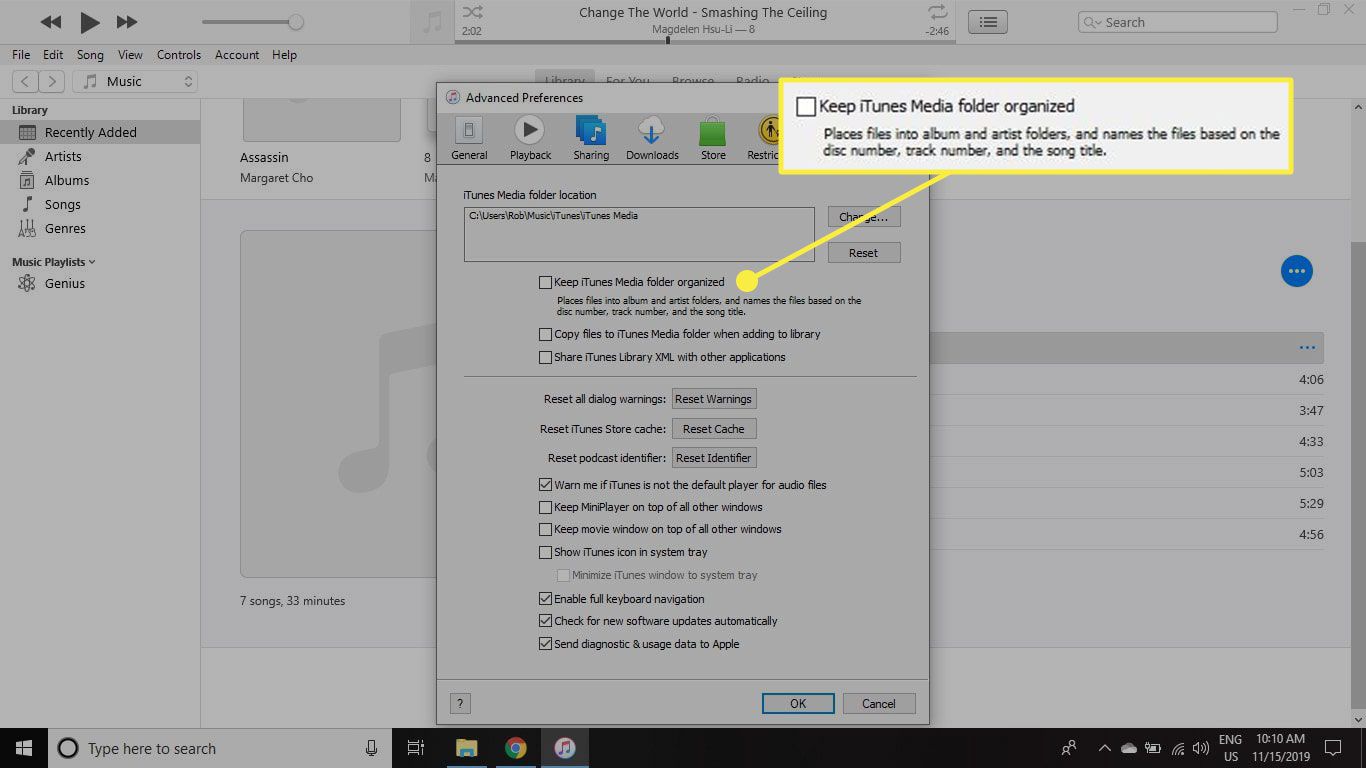 Pokročilá nastavení iTunes se zvýrazněnou možností „Udržovat organizovanou složku iTunes iTunes“