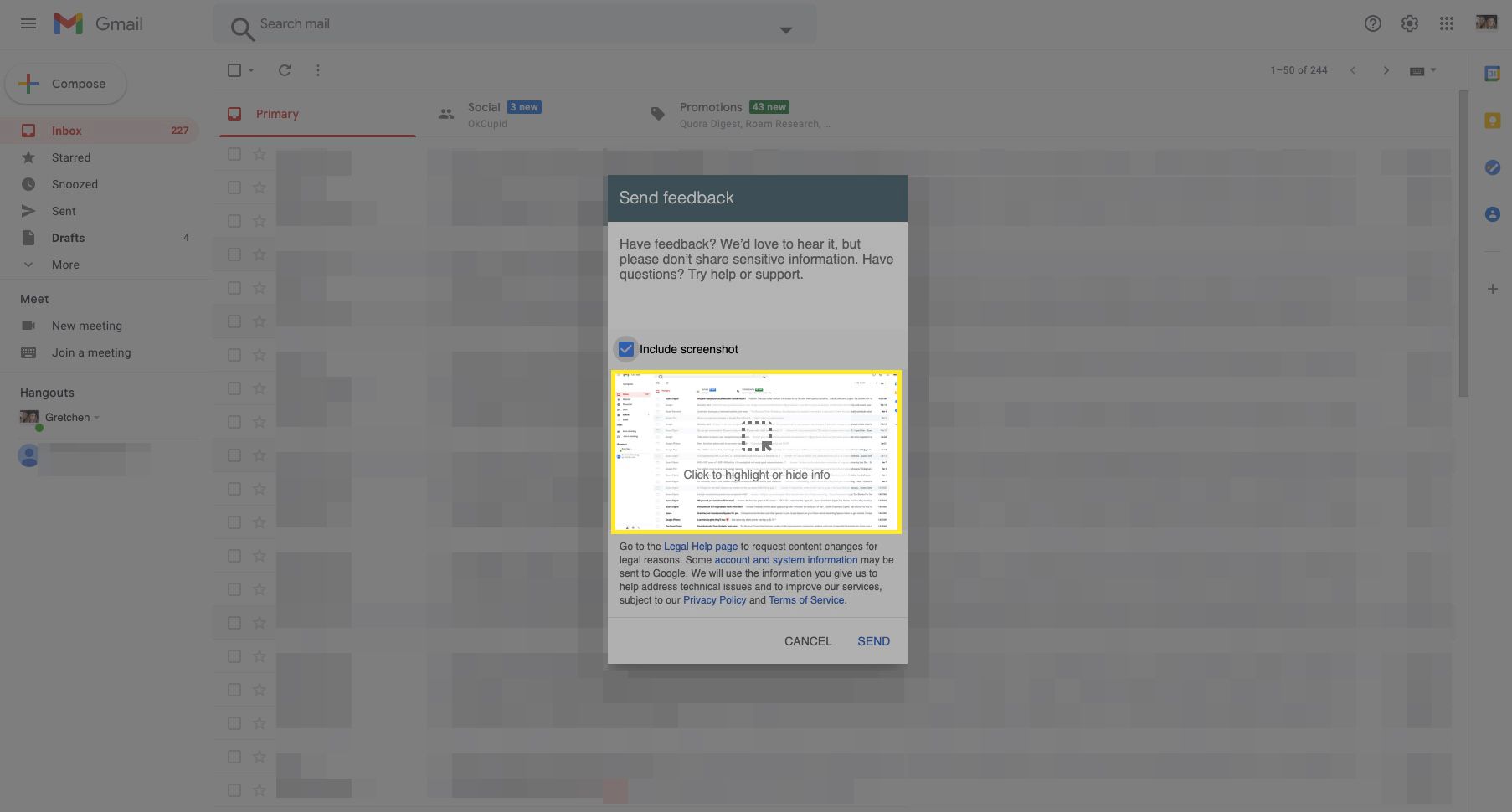 Obrazovka zpětné vazby na Gmail se zvýrazněným „Kliknutím skryjete nebo zvýrazníte informace“
