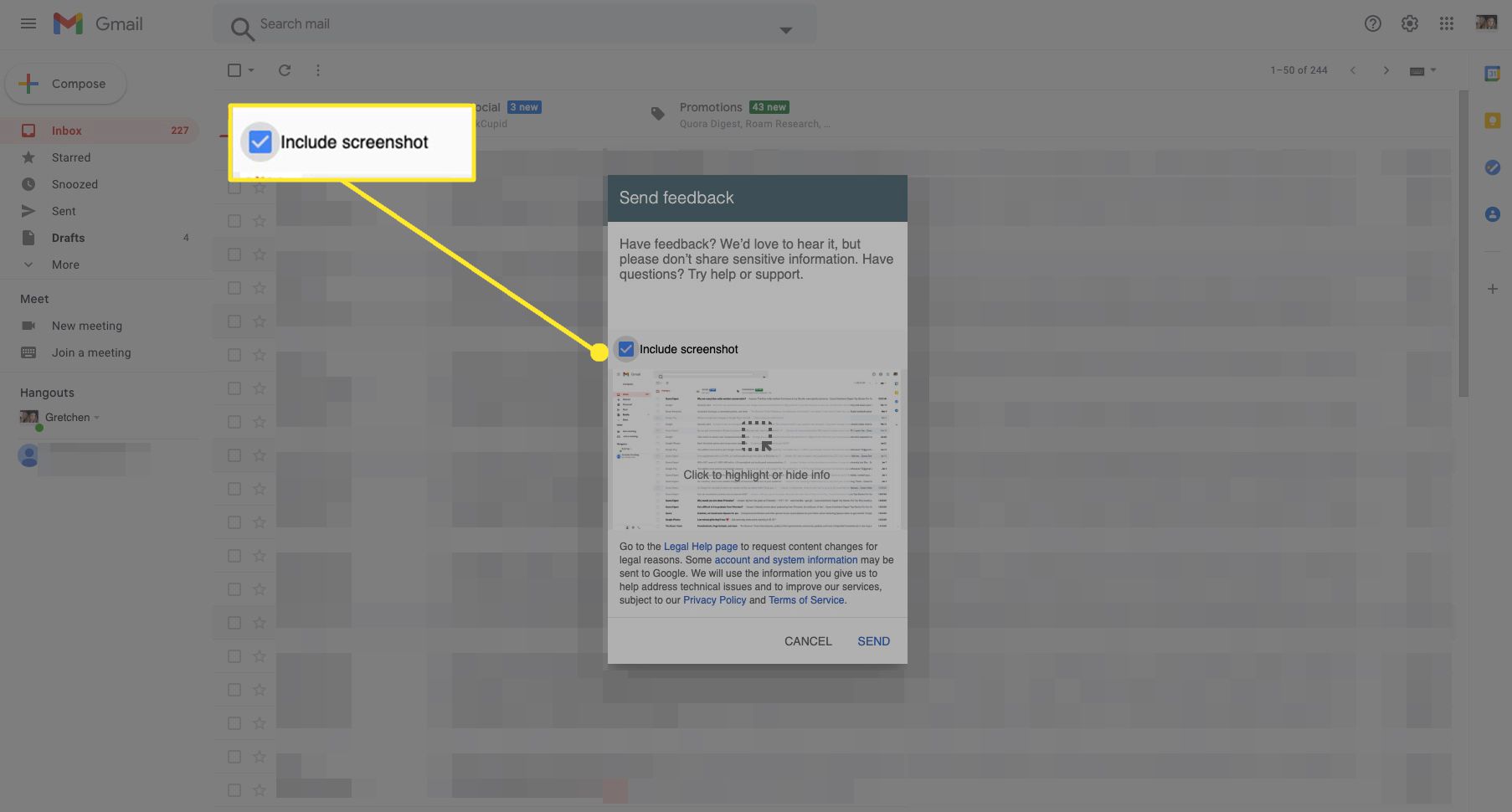 Okno zpětné vazby od Googlu v Gmailu se zvýrazněným Zahrnout snímek obrazovky