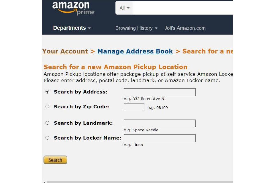 Snímek obrazovky s vyhledáním místa vyzvednutí na Amazonu