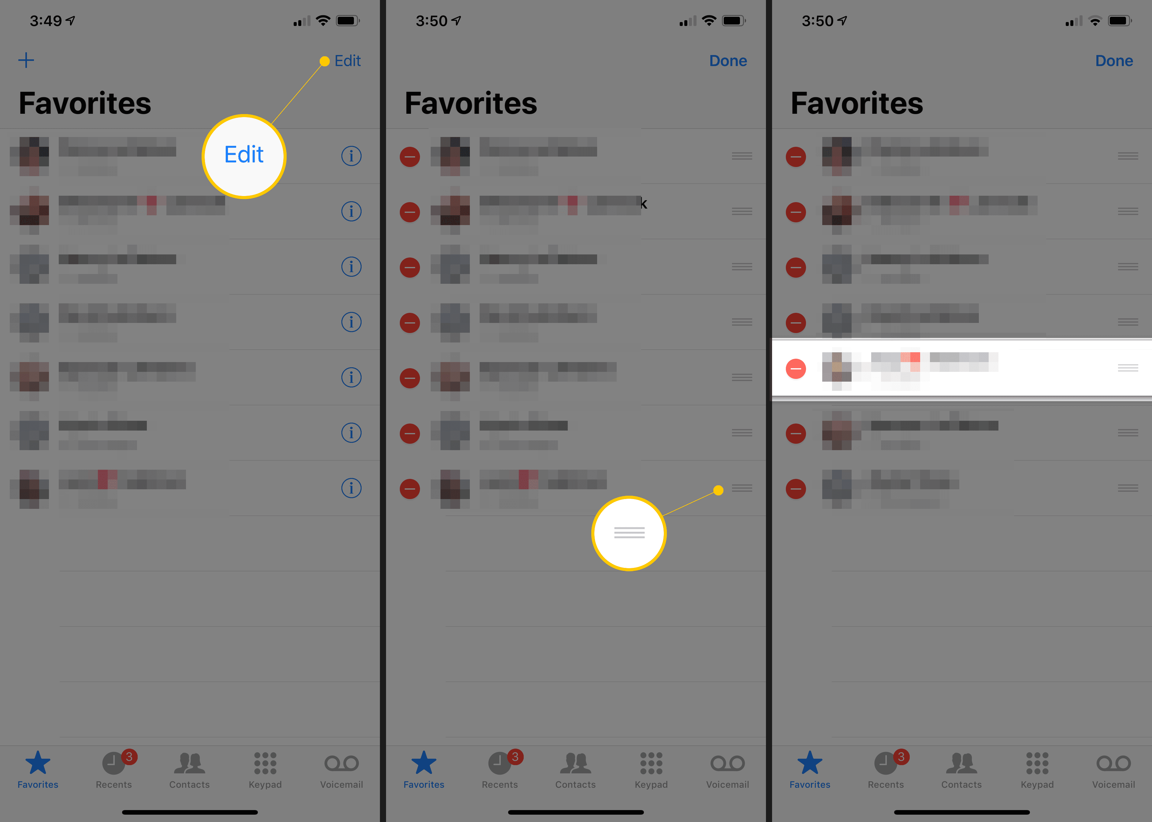 Tlačítko Upravit, přesunutí ikony a přesunutí kontaktu na obrazovce Oblíbené na iPhonu