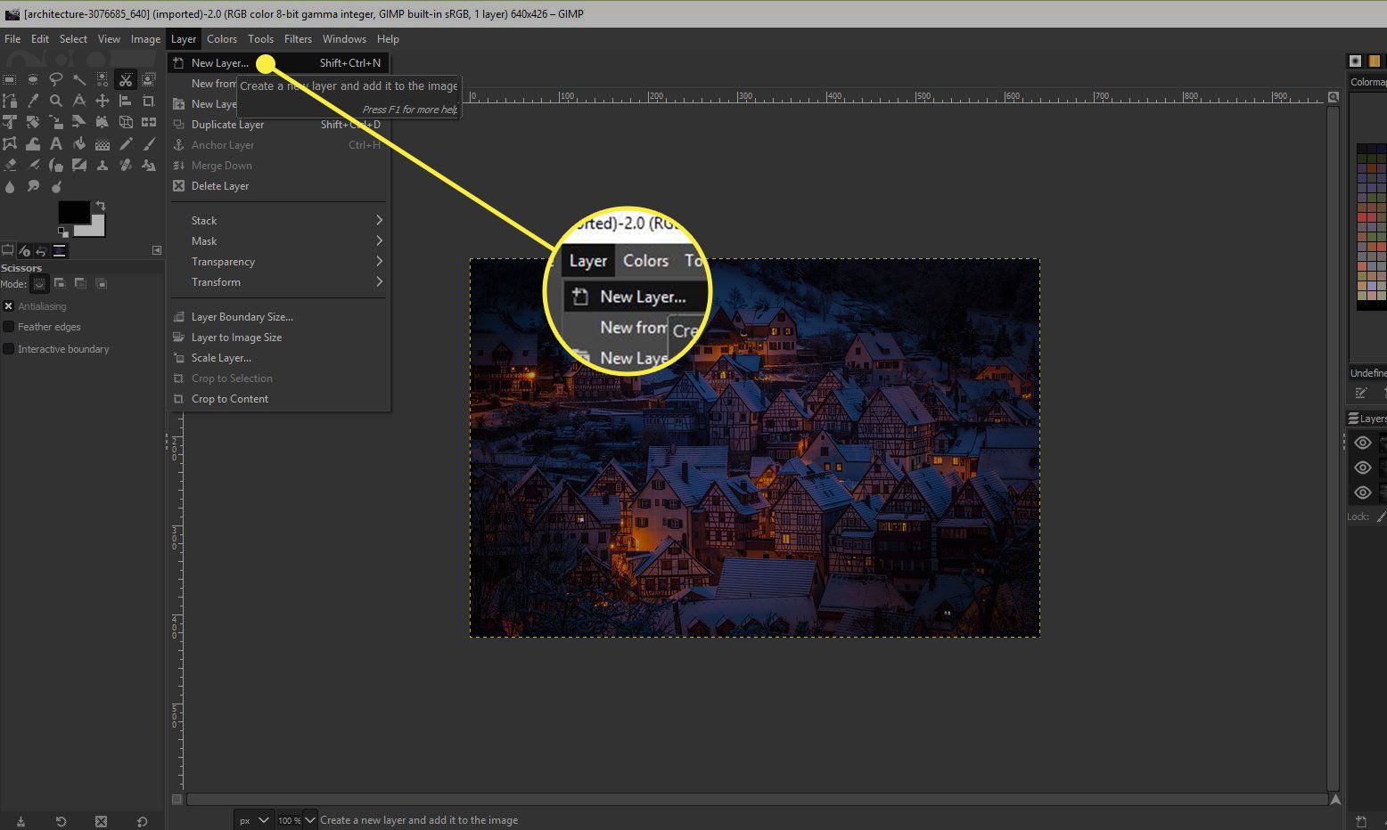 Snímek obrazovky GIMP se zvýrazněným příkazem Nová vrstva