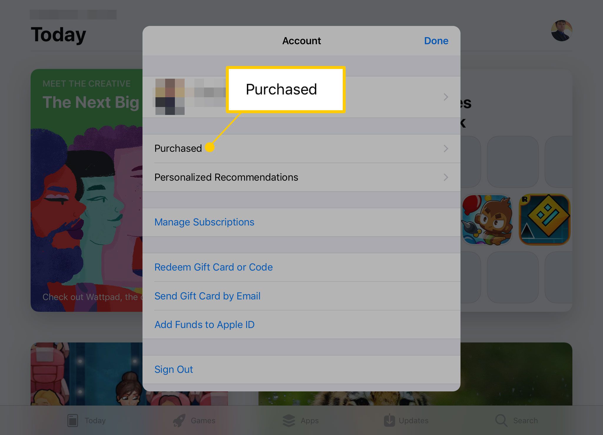 Stránka účtu v App Storu na iPadu