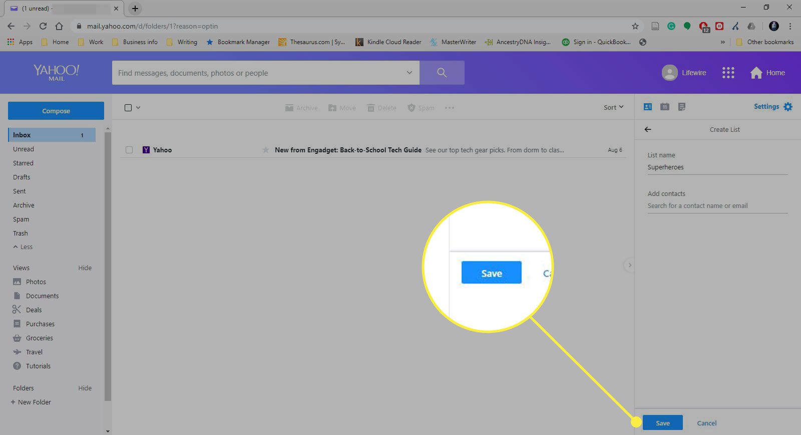 Snímek obrazovky se seznamem v Yahoo Mail se zvýrazněným tlačítkem Uložit