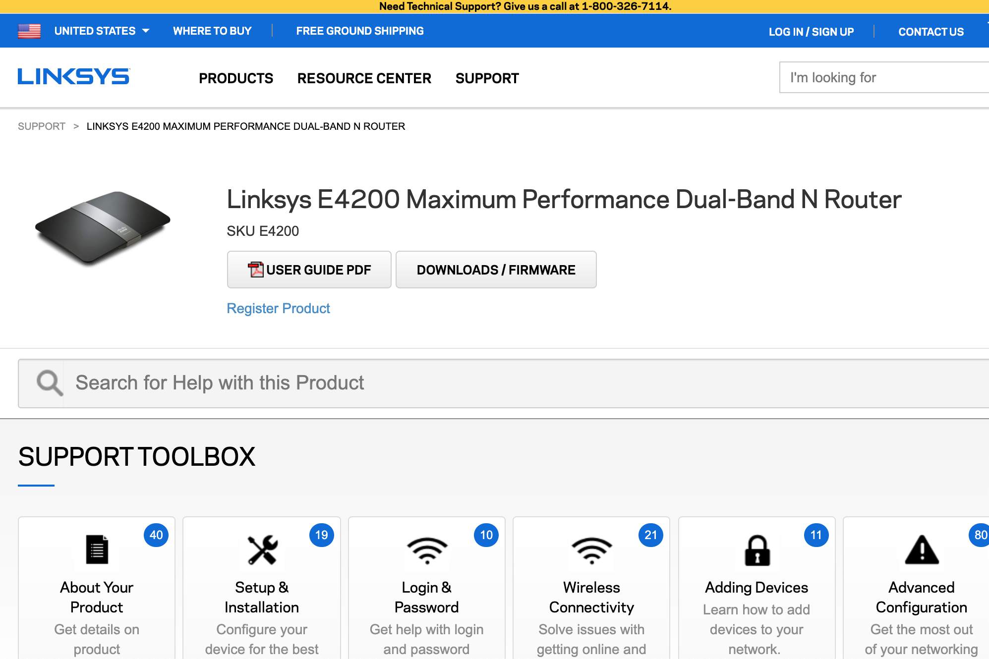 Snímek obrazovky stránky podpory Linksys E4200