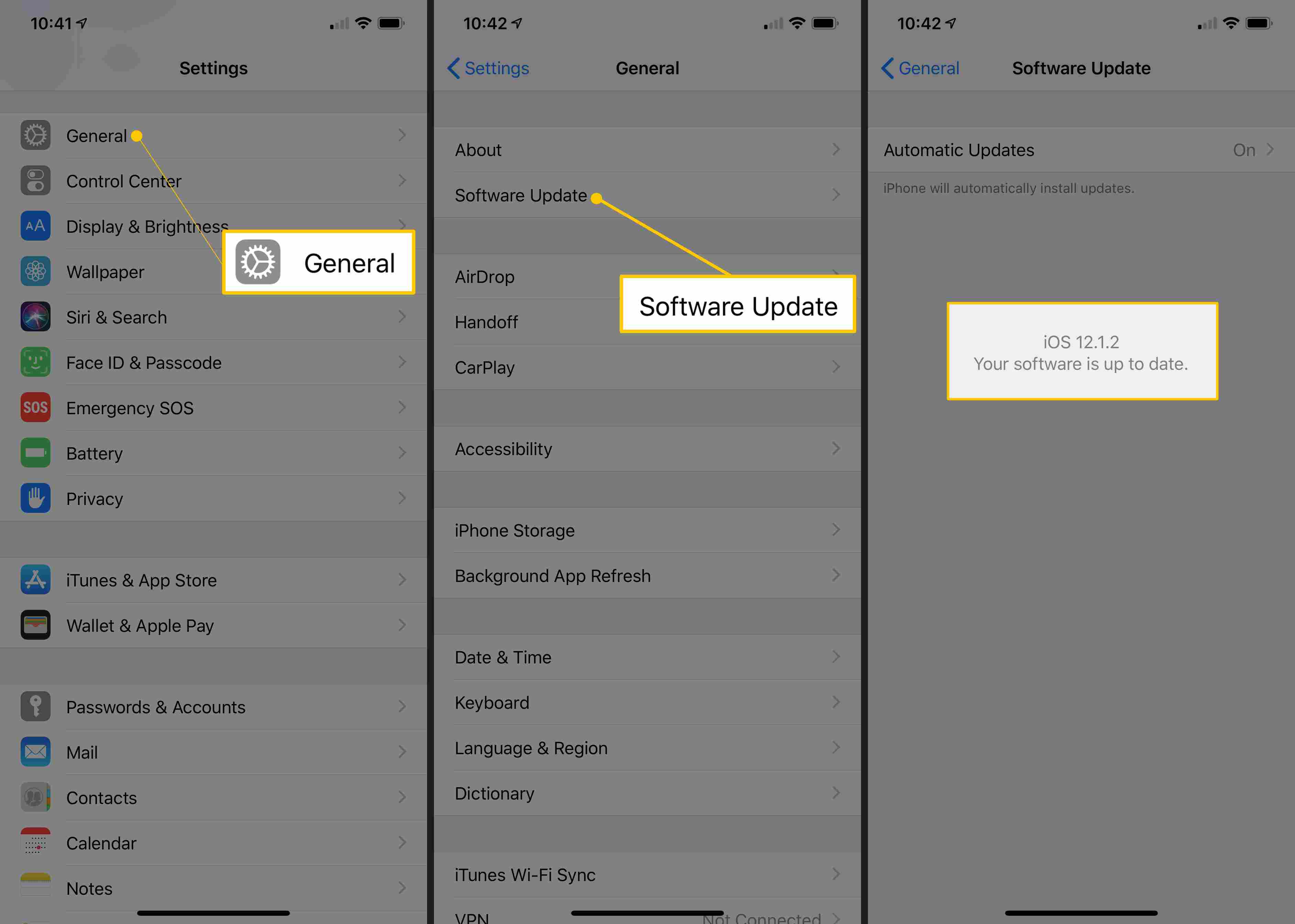 Obrazovky iOS zobrazující Obecné, Aktualizace softwaru a iOS 12.1.2