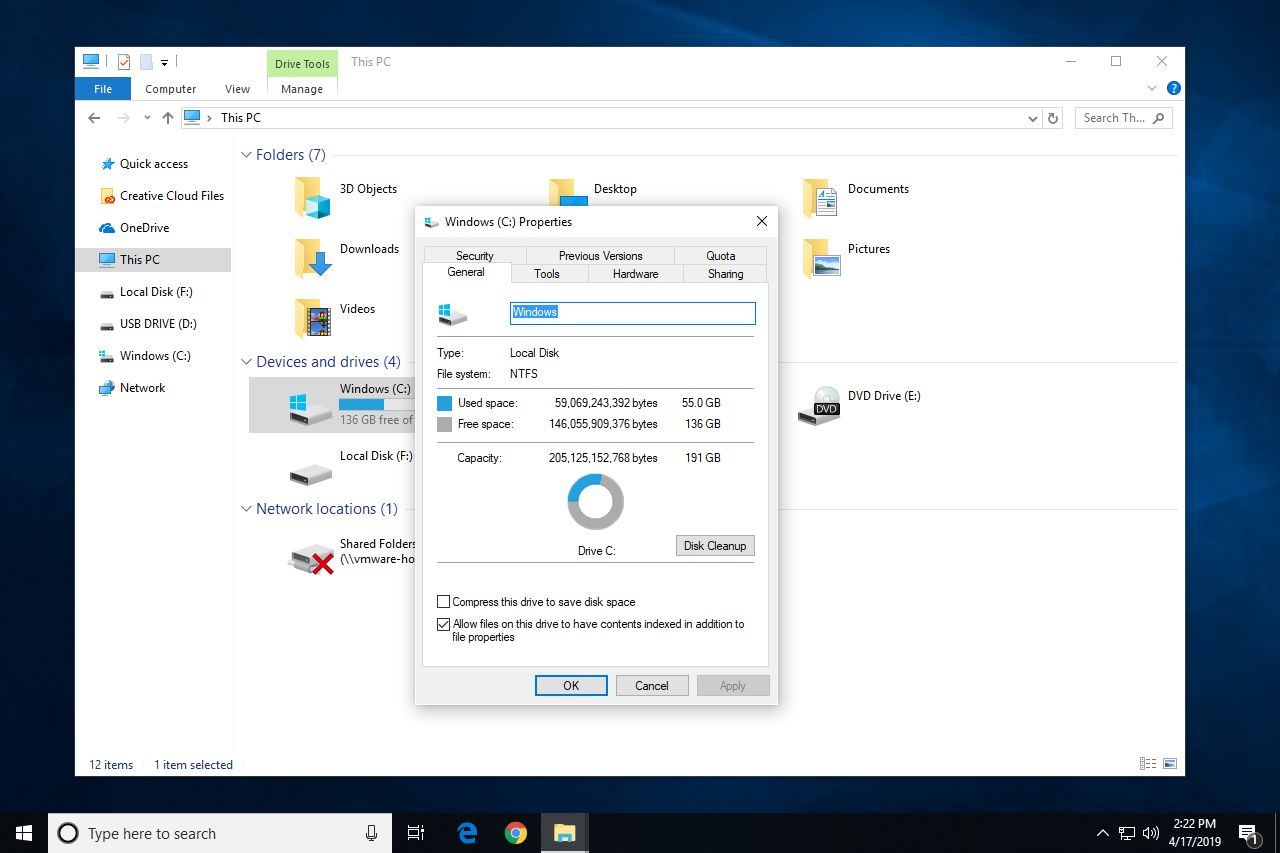 Vlastnosti pevného disku v systému Windows 10