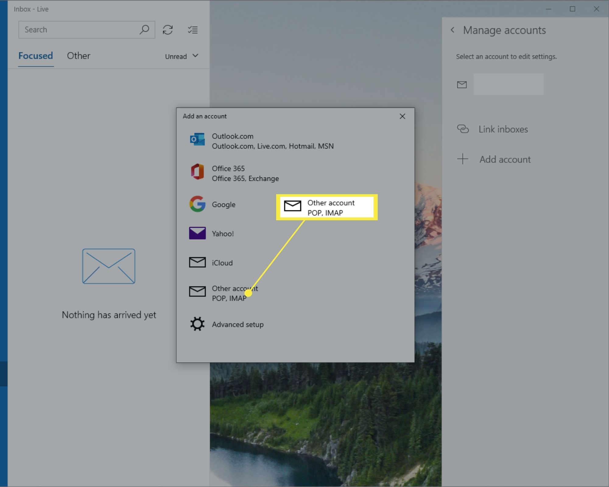 Další možnost účtu v okně Přidat účet Windows 10 Mail.