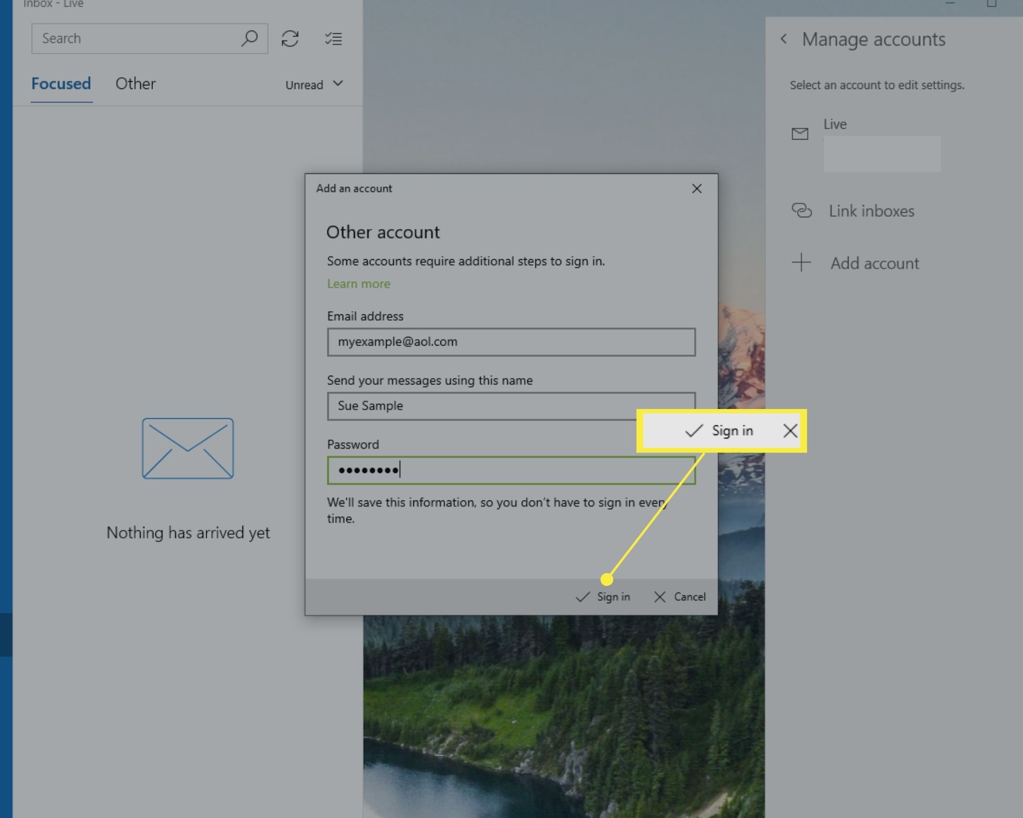 Možnost přihlášení na Windows 10 Mail Přidat okno účtu.