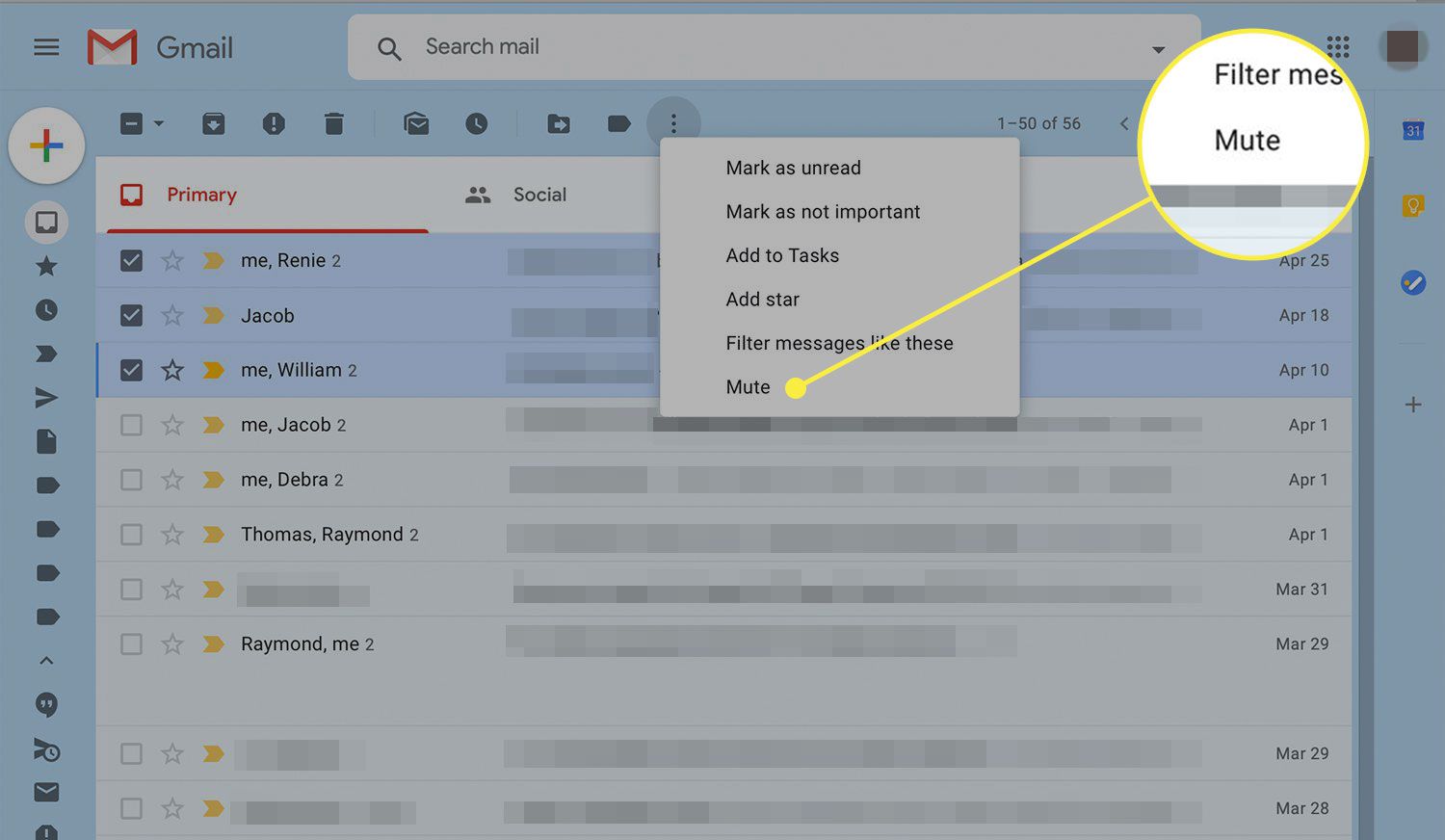 Nabídka Gmailu Další možnosti se zvýrazněnou možností Ztlumit