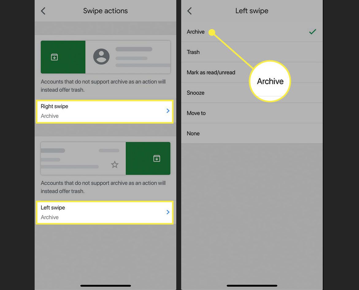 Gmail v systému iOS zobrazující úkol Přejetí prstem doprava a doleva a možnost Archivovat