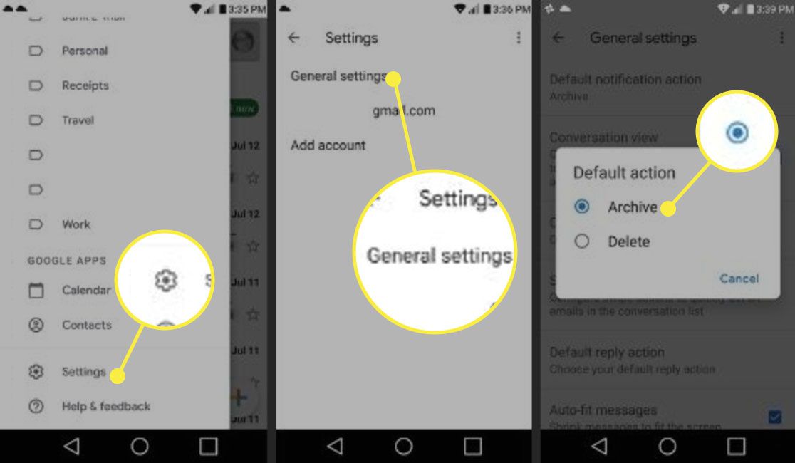 Telefon s Androidem zobrazující Nastavení, Obecná nastavení a možnost Archivovat