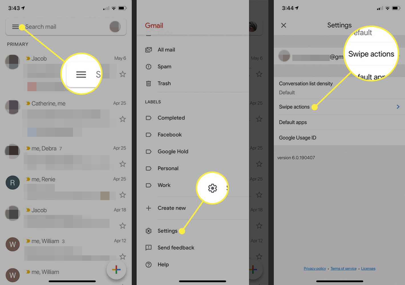Aplikace Gmail pro iOS zobrazující Nastavení a Akce přejetím