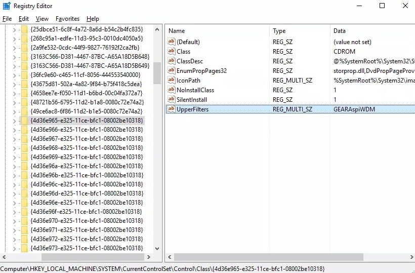 Hodnota registru UpperFilters pro DVD GUID (Windows 10)