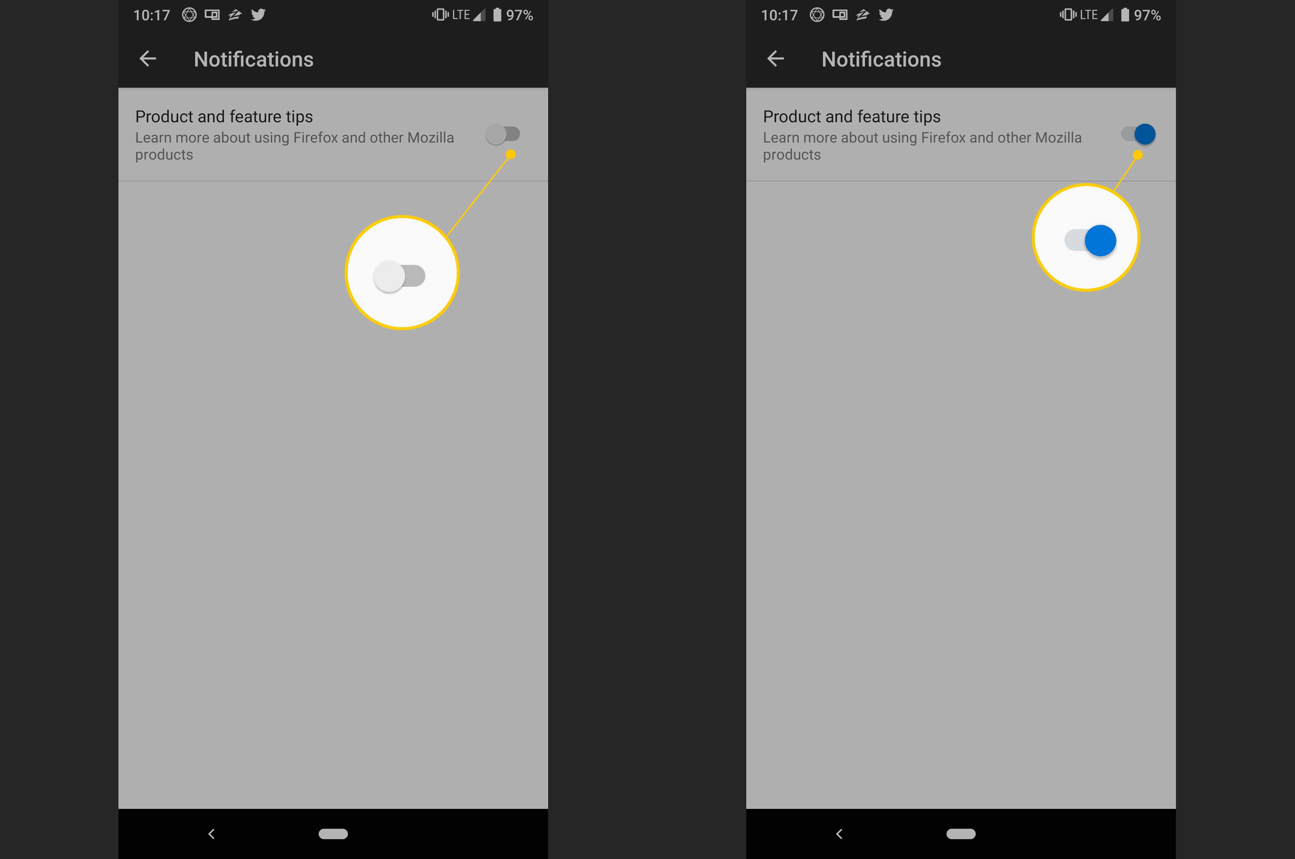 Dvě obrazovky Android: Oznámení přepnutá VYPNUTO a ZAPNUTO