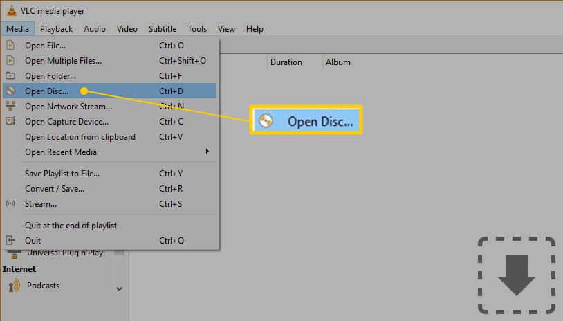 Otevřete položku nabídky Disc v přehrávači médií VLC