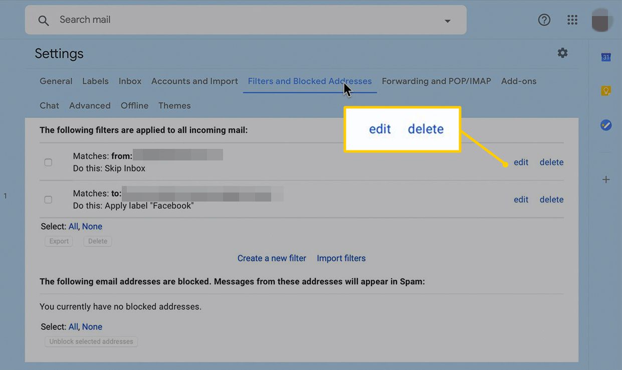 tlačítka pro úpravy a mazání v Nastavení Gmailu