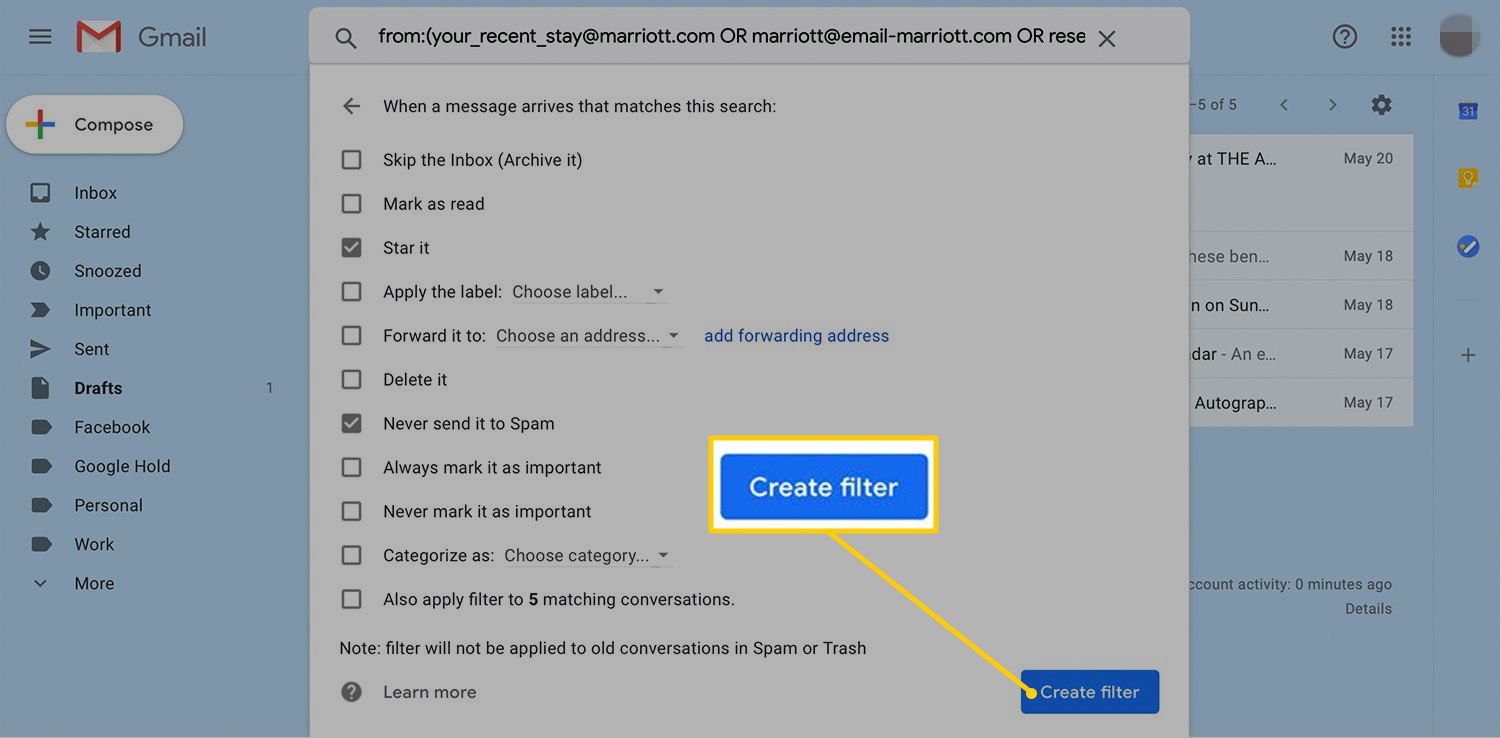 Tlačítko Vytvořit filtr v Gmailu