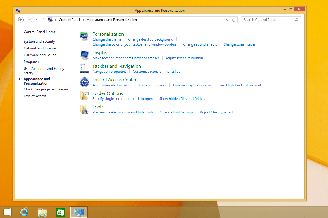 Obrazovka Vzhled a přizpůsobení Windows 8