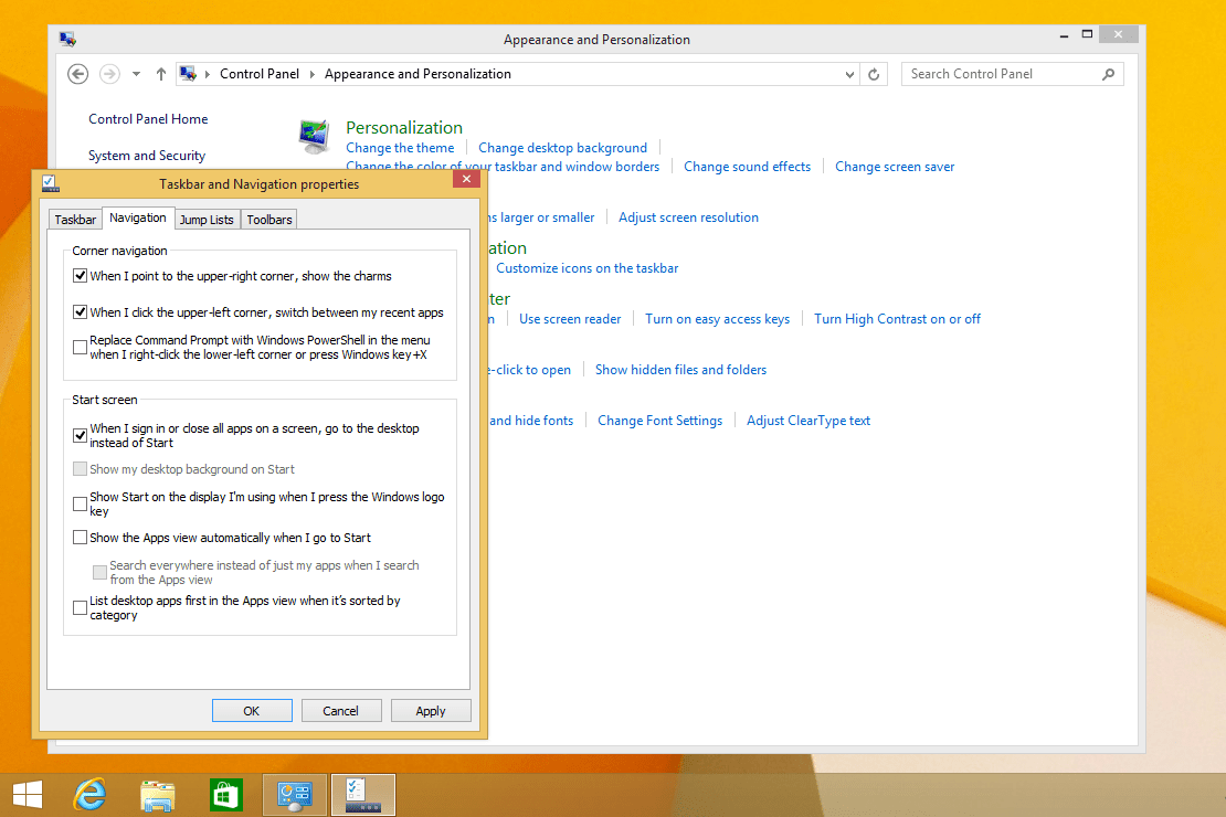 Obrazovka Vlastnosti hlavního panelu a navigace v systému Windows 8