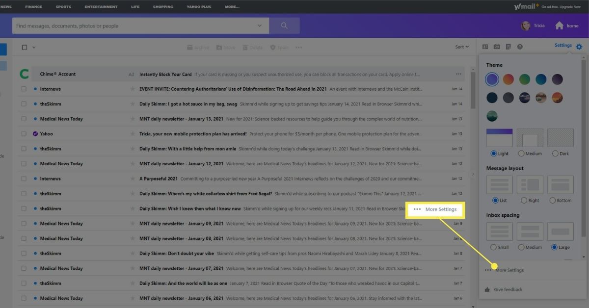 Další nastavení v nastavení Yahoo Mail