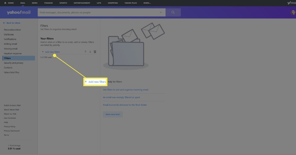 Možnost Přidat nové filtry do Yahoo Mail Filters