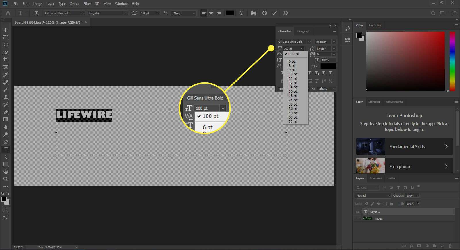 Snímek obrazovky aplikace Photoshop se zvýrazněnou částí Velikost textu na panelu Znaky