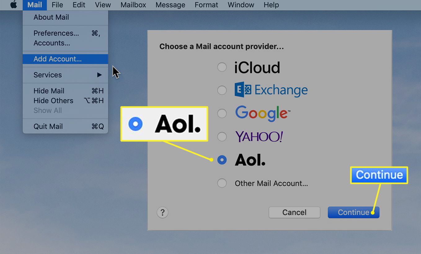 Obrazovka zobrazující možnosti e -mailu s vybranou poštou AOL