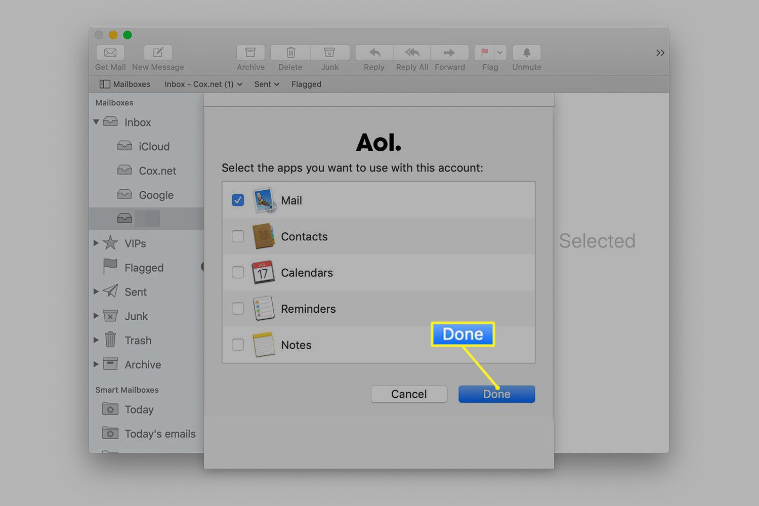 Výběr aplikací dostupných v AOL pro Mac