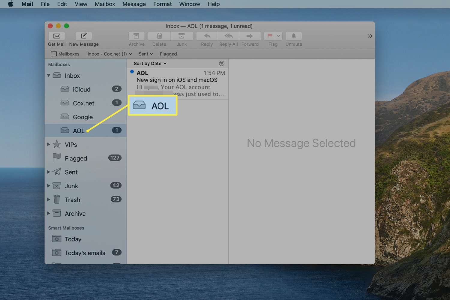 Obrazovka pošty AOL v Mac Mail
