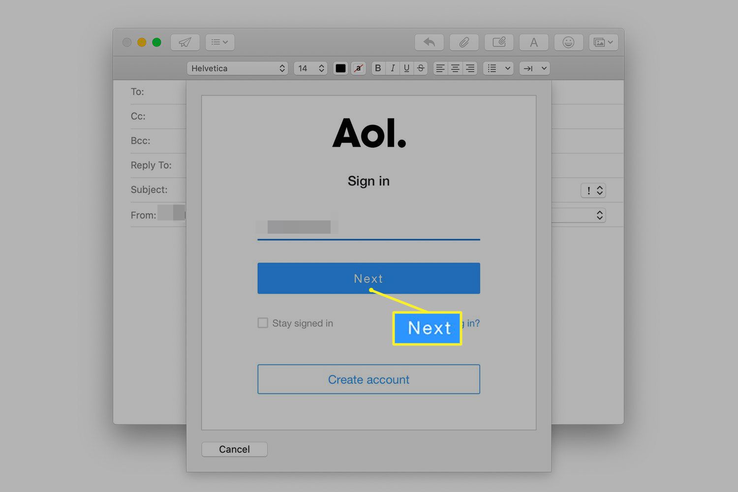 Přihlašovací obrazovka AOL v Mac Mail