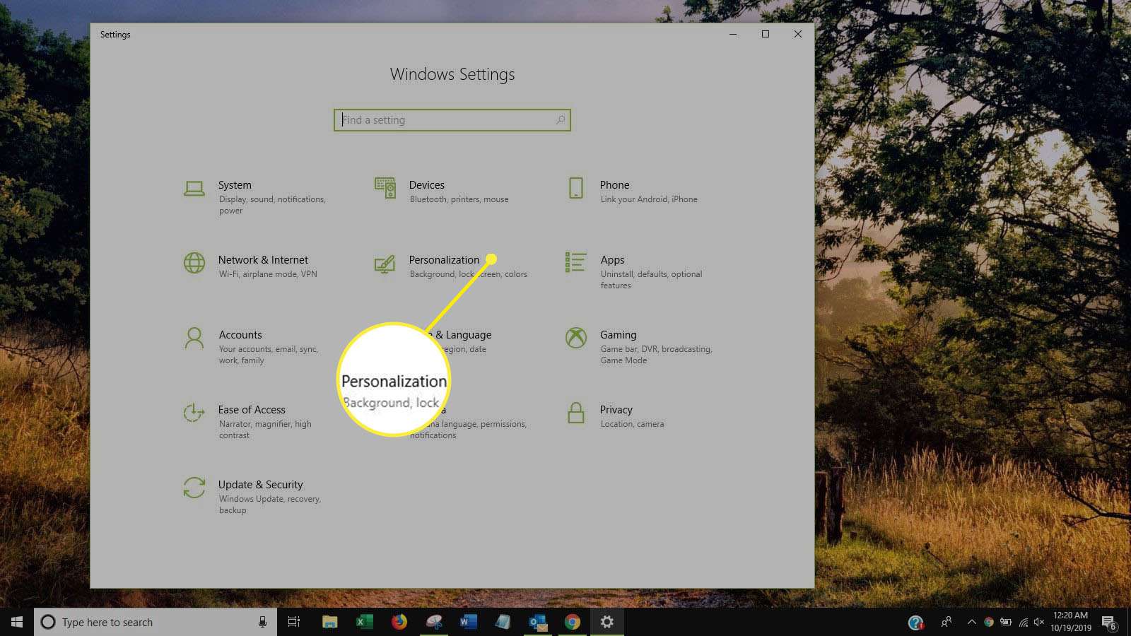 Snímek obrazovky Personalizace v nastavení Windows