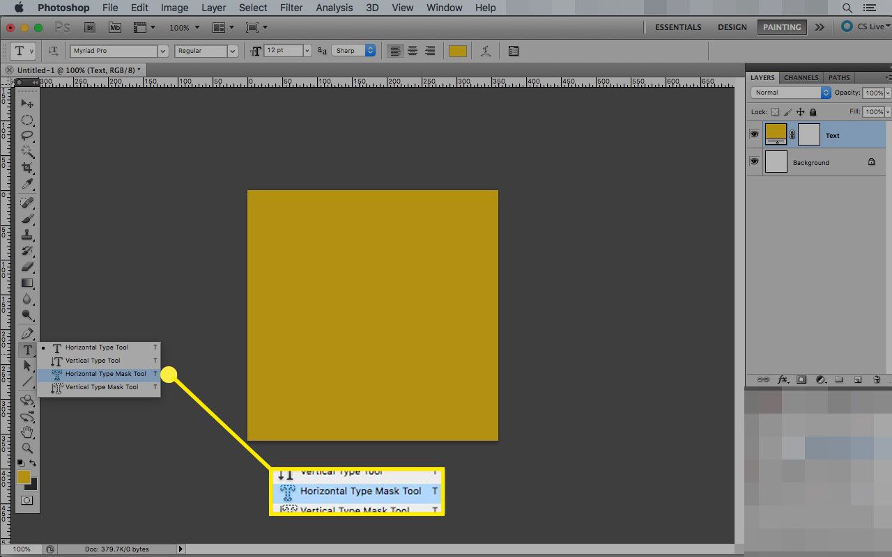Photoshop na Macu se zvýrazněným nástrojem Horizontal Type Mask Tool