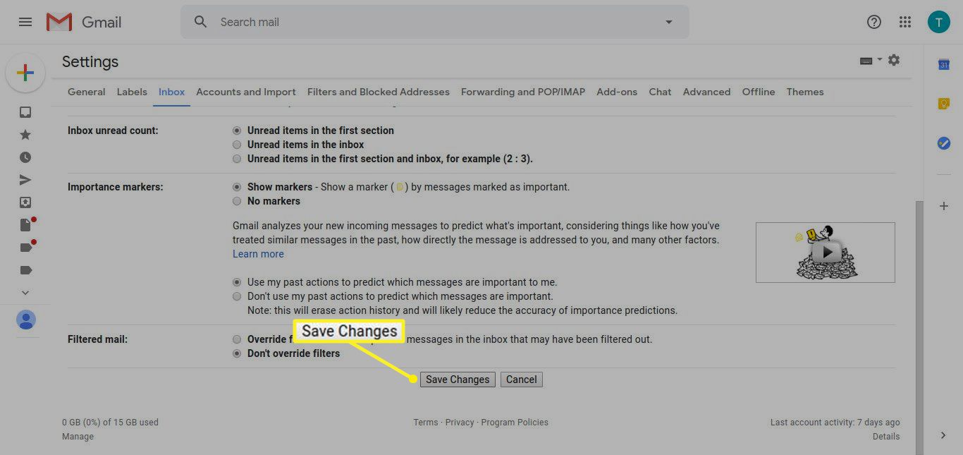Nastavení Gmailu se zvýrazněnými možnostmi Uložit změny